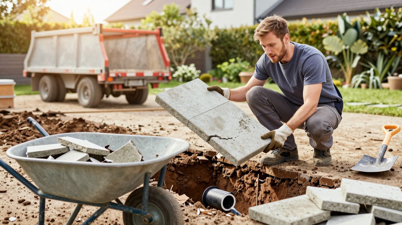 Man placing large tile into ground hole at a construction site, with a wheelbarrow and tools nearby in a residential area.