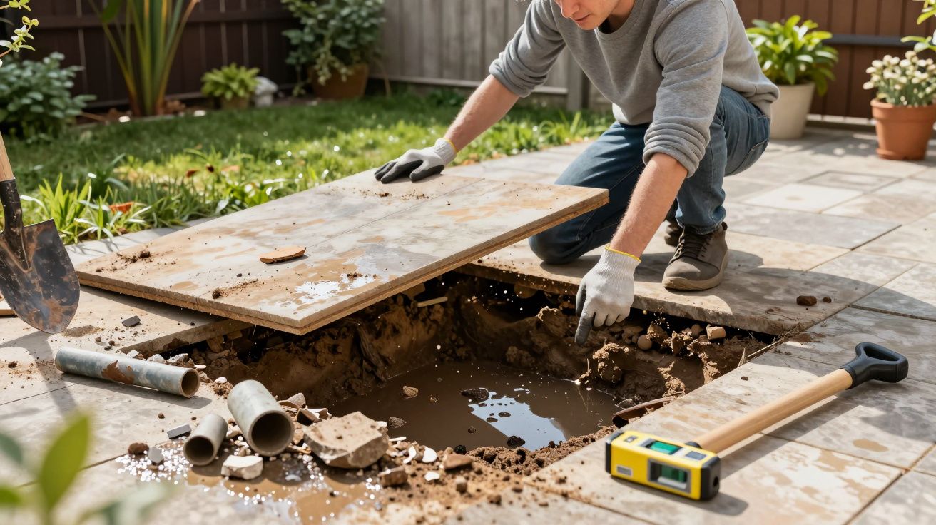 Man in gloves lifting pavement slab to repair burst pipe with standing water and tools nearby.