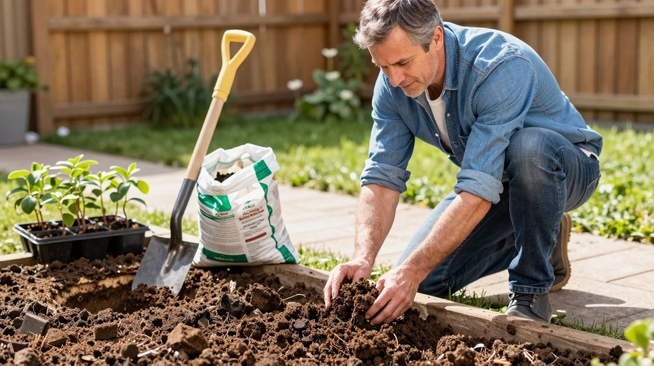 Man gardening in a backyard, kneeling beside a flower bed, preparing soil with a shovel and potted plants nearby.