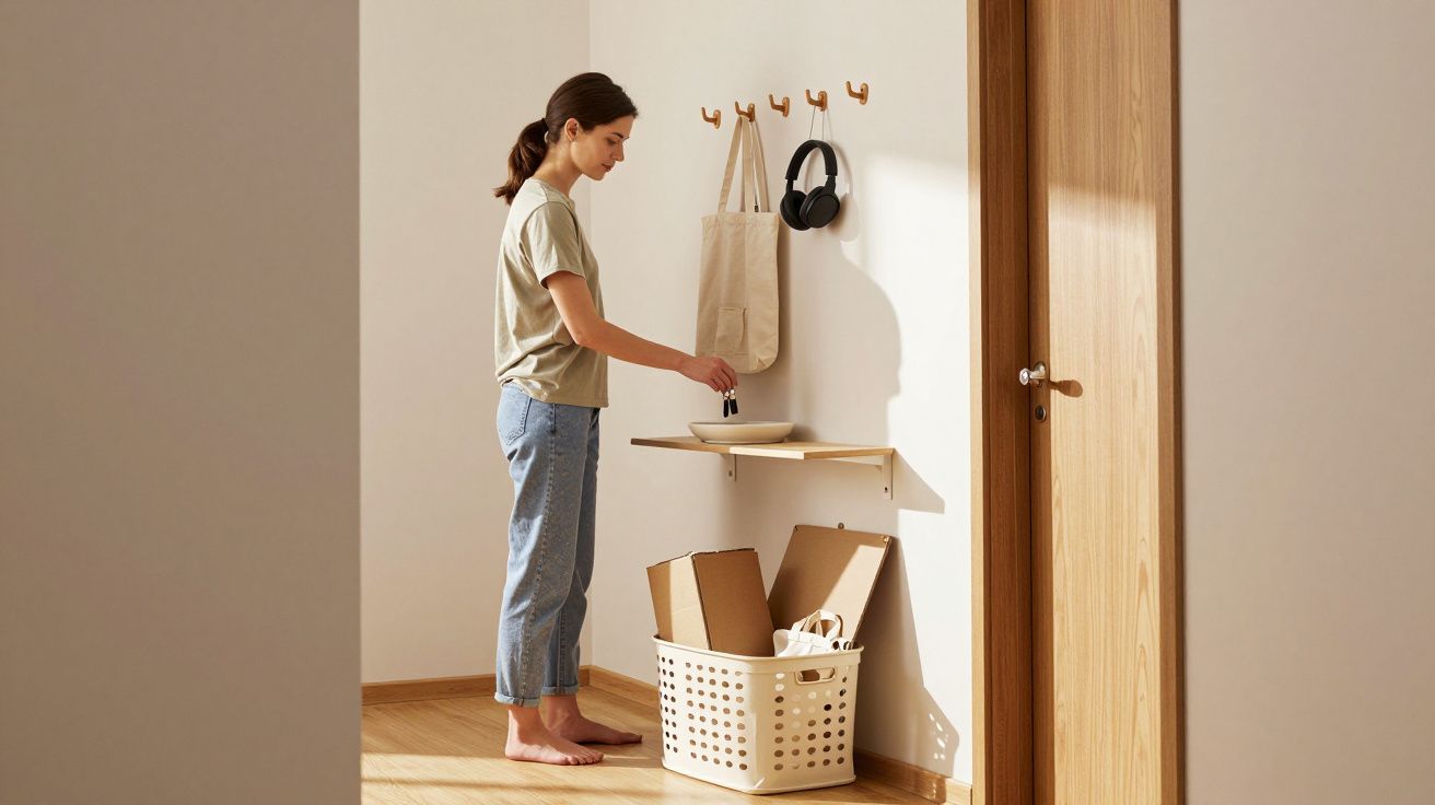Woman placing keys on a shelf in a minimalist hallway with bags and headphones hanging.