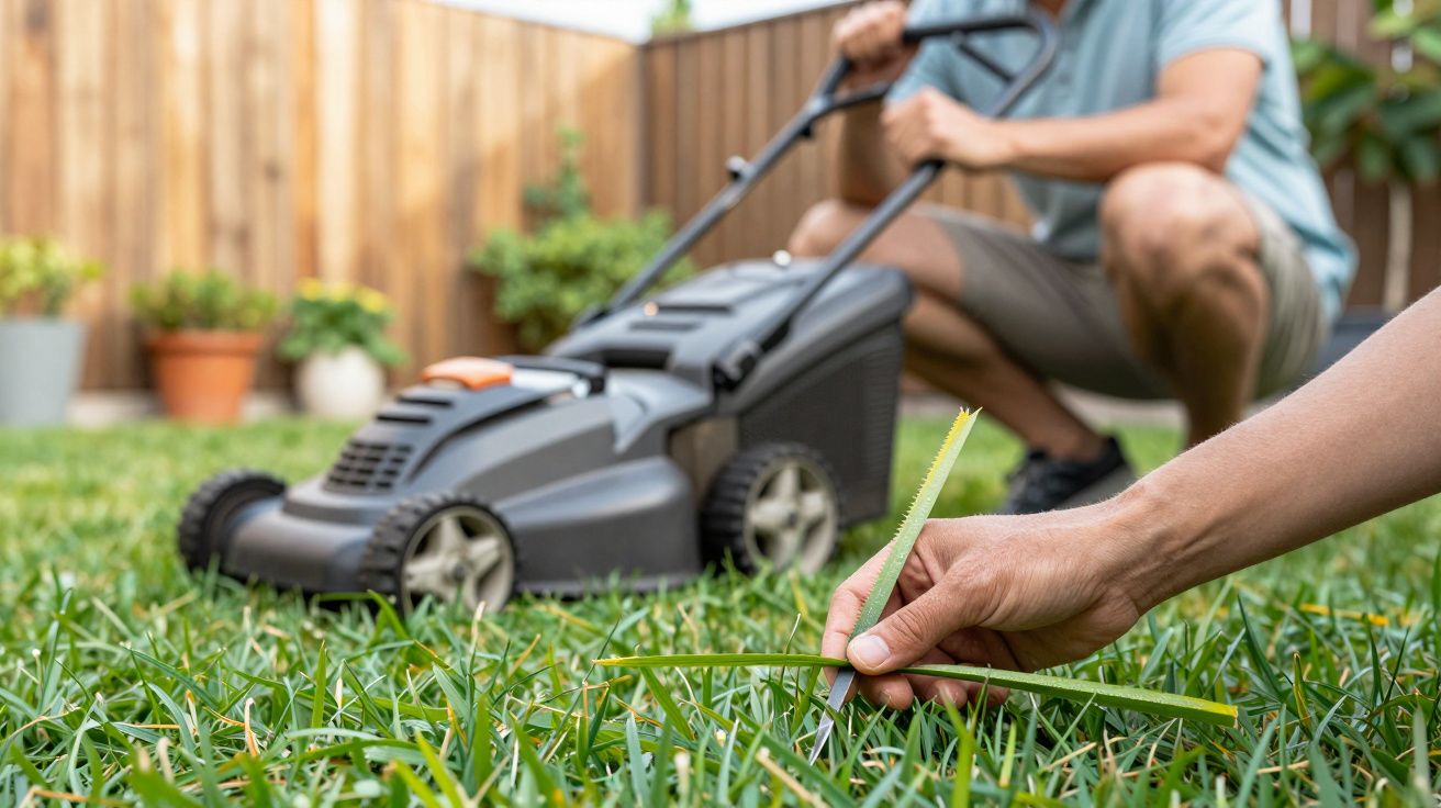 Person mowing lawn with a black lawnmower, examining grass blades by hand in a garden.