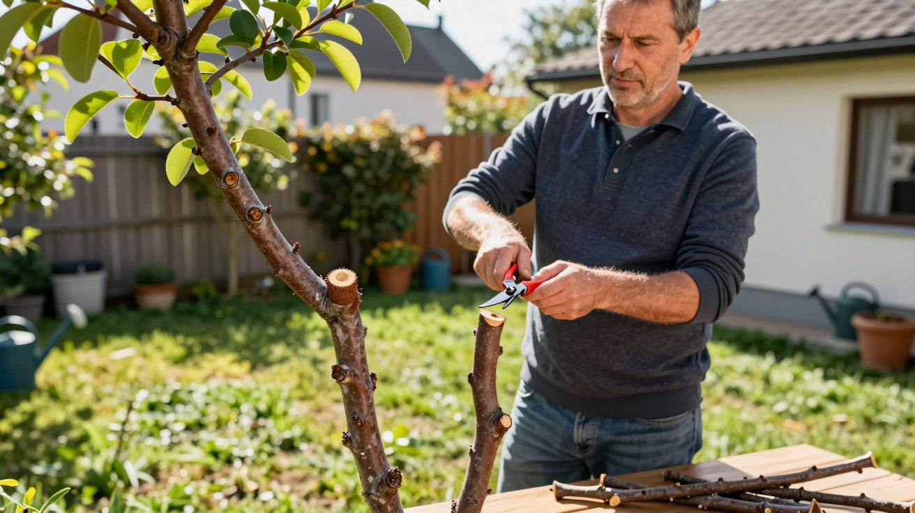 Man pruning tree branches in a garden on a sunny day.